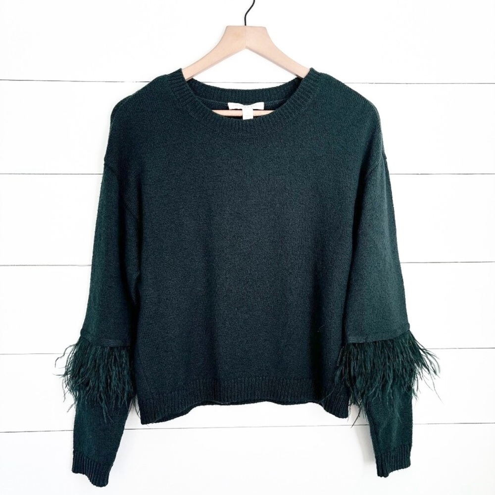 NWT Chelsea & Violet dark green sweater with feathers on the arms